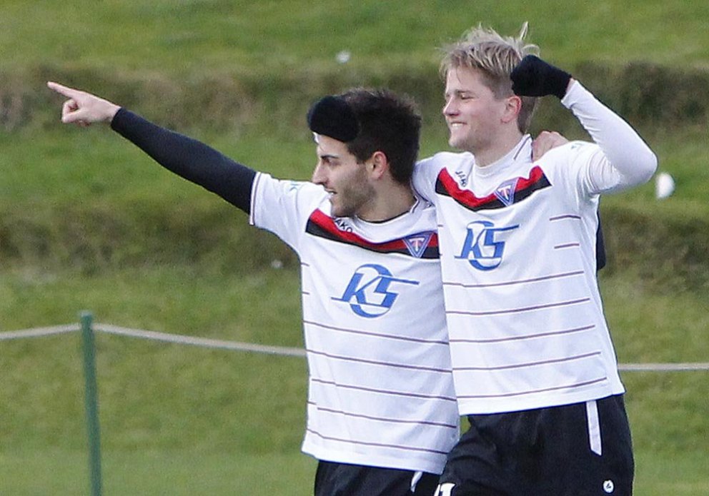 Stefan og Arnar – markamaskínur Tindastóls fagna öðru marki Lamanna í dag. MYND: ÓAB