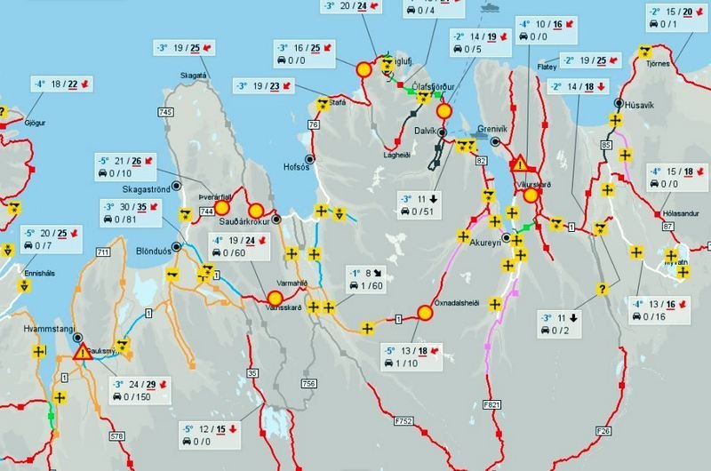 Svona var ástandið klukkan 16 í dag. Mikil ófærð og vetrarríki. Mynd af vegagerdin.is.