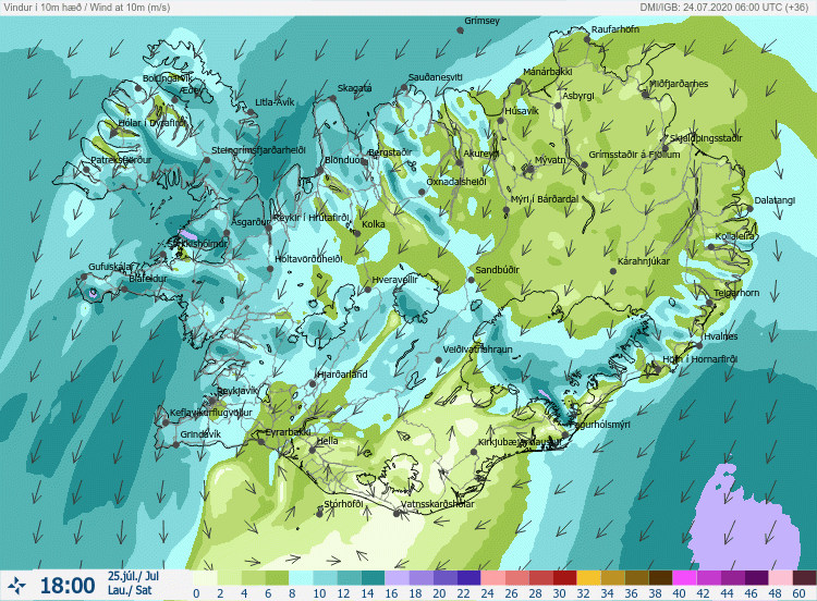 Vindaspá fyrir laugardaginn 25. júlí kl 18. Kort:Veðurstofan