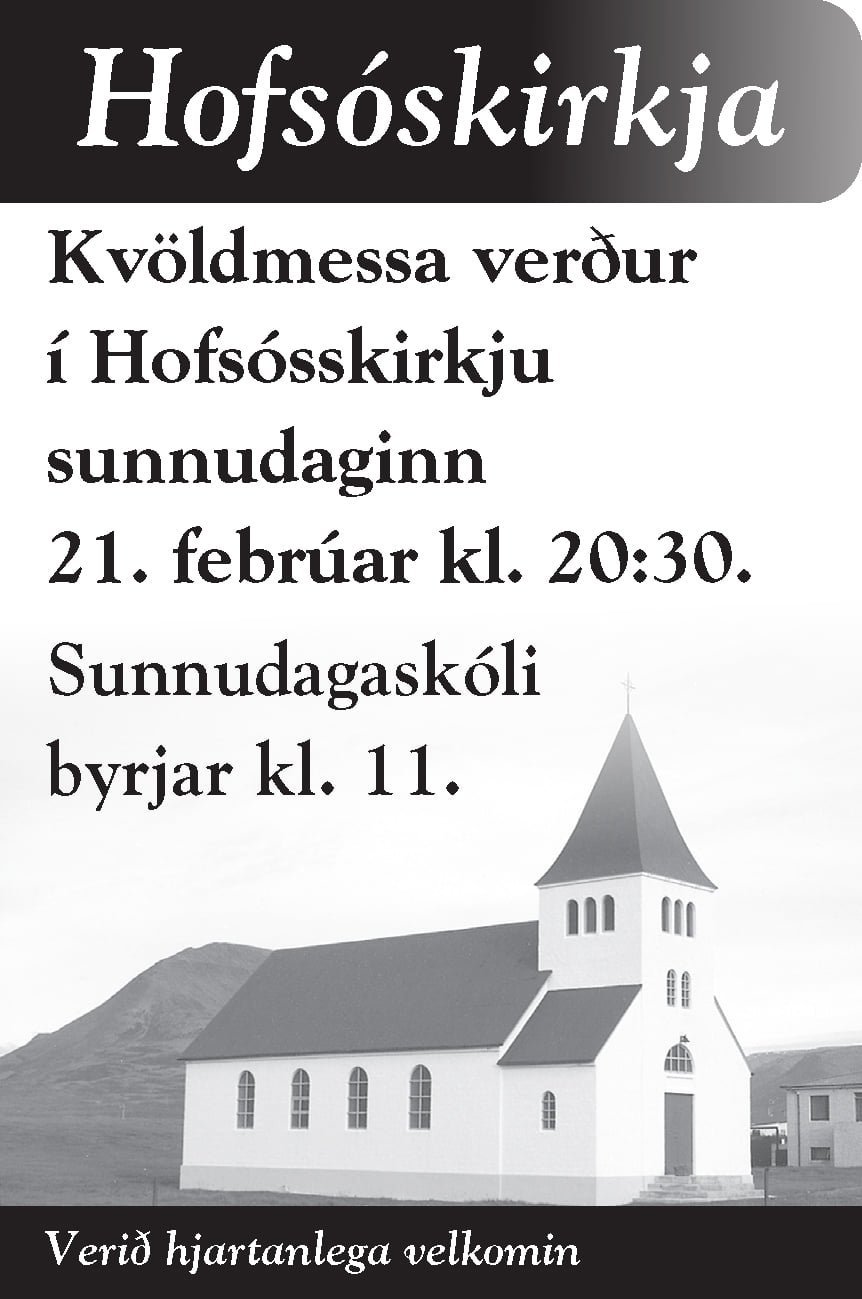 Kvöldmessa í Hofsósskirkju á sunnudaginn