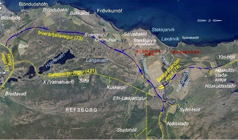 Yfirlitsmynd af síðu Vegagerðarinnar. Bláa línan sýnir ný vegastæði.