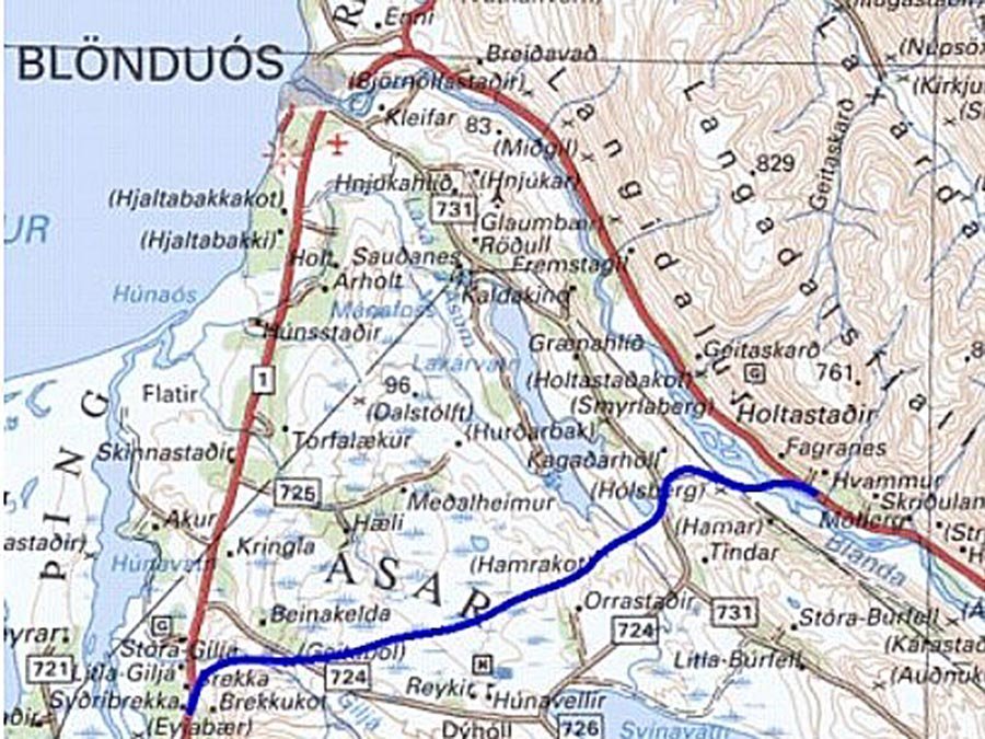 Kortið sýnir hvar möguleg lega Húnavallaleiðar væri. MYND AF HÚNI.IS
