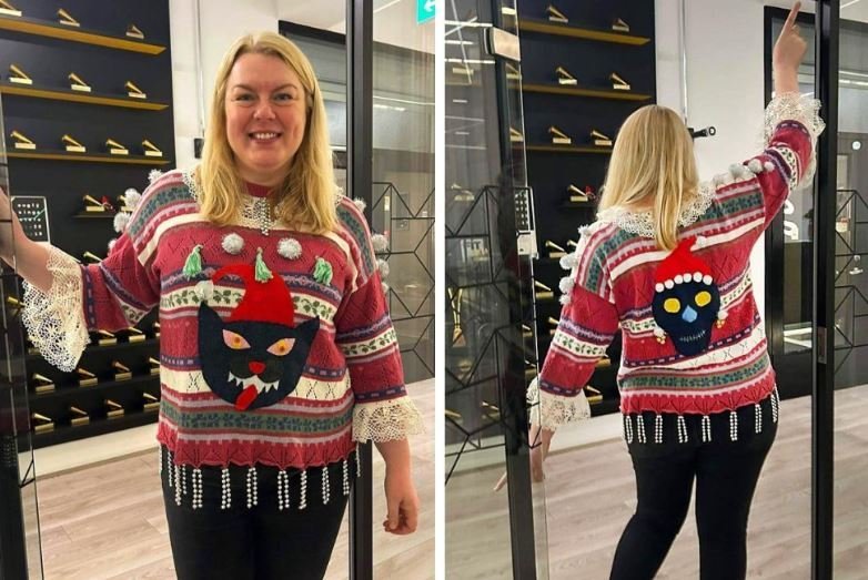 Inga Heiða í vinningspeysunni. Aðsendar myndir.