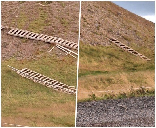 Stórskemmdur stiginn eftir óveðrið.MYND DÓRA SIGURÐARDÓTTIR