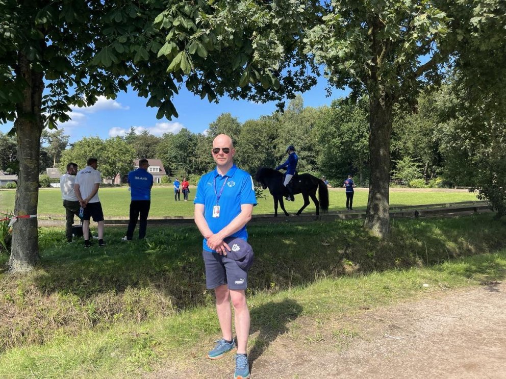 Þórarinn Eymundsson á Heimsmeistaramótinu í hestaíþróttum í Oirschot í Hollandi. Mynd: Aðsend