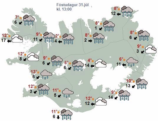 Veðurkortið fyrir 31. júlí kl 13:00. Má segja að veðrið verði svona alla helgina, rigning um allt land. SKJÁSKOT AF VEDUR.IS
