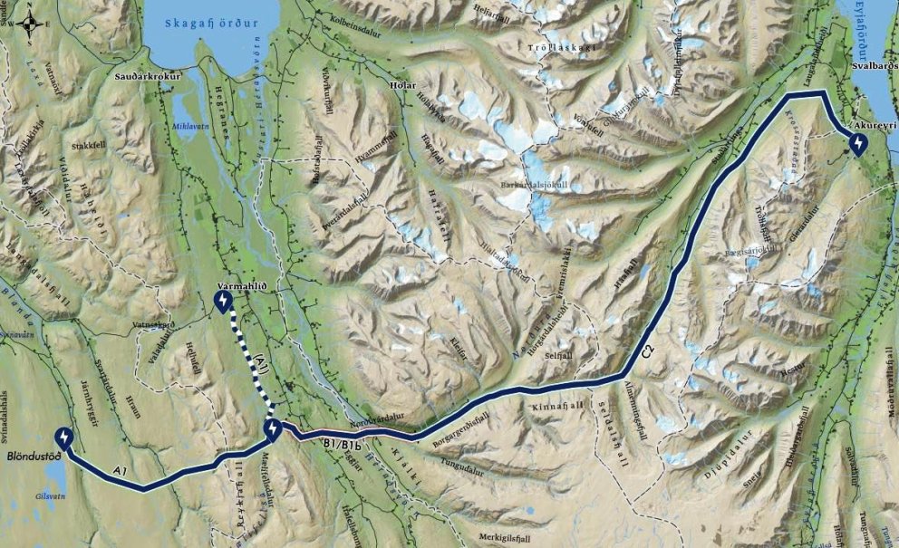 Mynd af síðu Landsnets sem sýnir aðalvalkost línunnar milli Blöndu og Akureyrar.