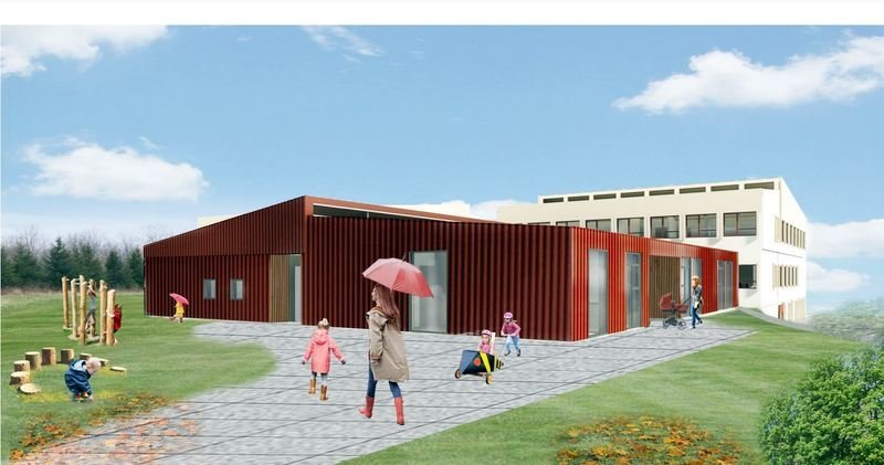 Aðkoma að leikskóla í Varmahlíð eins og tillaga að breytingu skólamannvirkja gerir ráð fyrir. Myndir af tillögu VA Arkitekta.