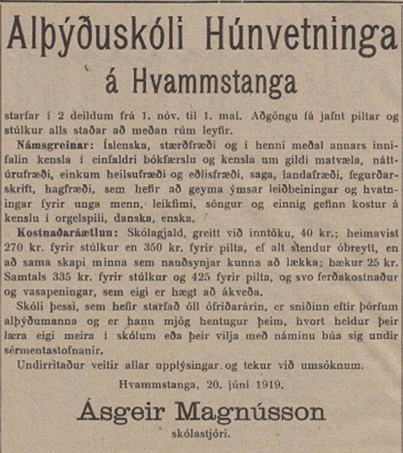 Auglýsing alþýðuskólans sem birtist í Tímanum 2. júlí árið 1919.