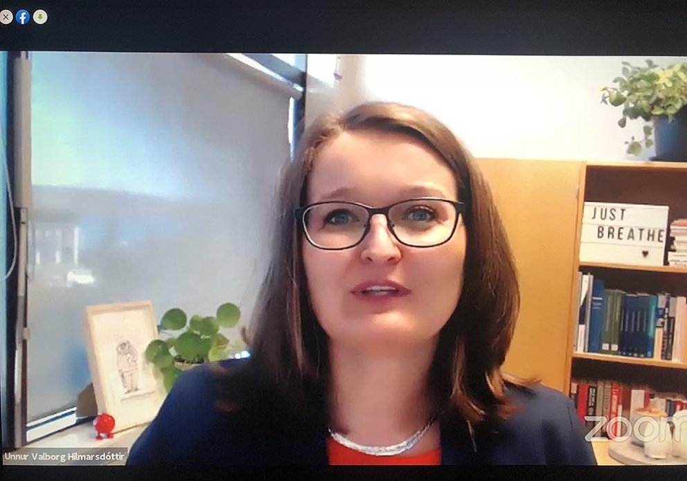 Unnur Valborg á enn einum ZOOM-fundinum. AÐSEND MYND