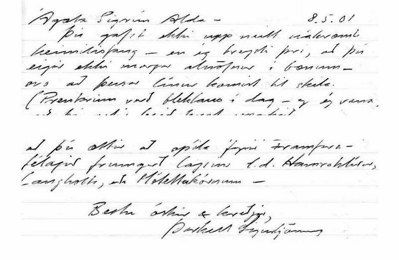 Upphaf og endir bréfsins frá Þorkeli til Sigrúnar Öldu.