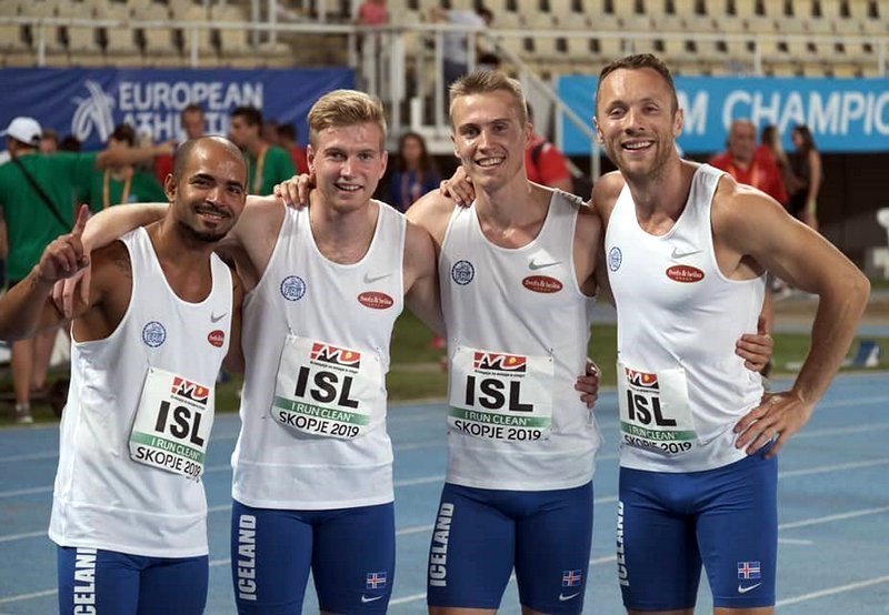 Sigursveitin í 4x100m. Juan Ramon, Jóhann Björn, Kolbeinn Höður og Ari Bragi. (Mynd: FRÍ).