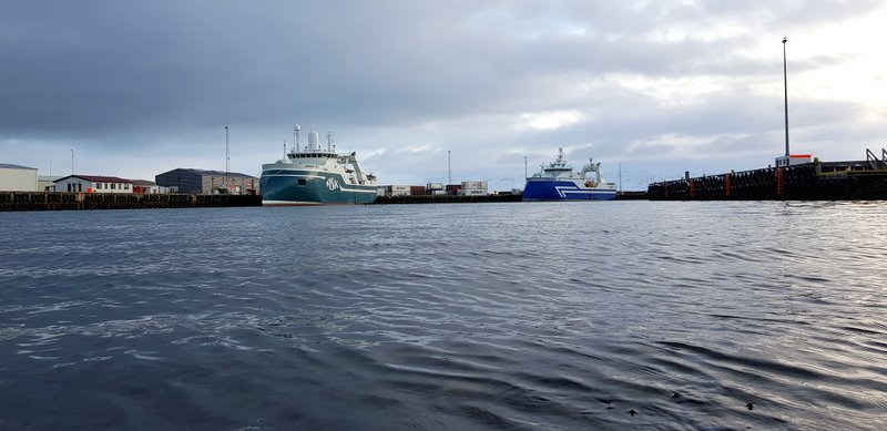 Drangey SK2 og Brimstogarinn Akurey AK10 í Sauðárkrókshöfn í gær. Mynd: PF.