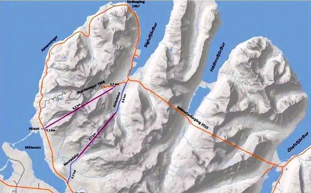 Tillögur að staðsetningu vegganga úr Siglufirði í Fljót. MYND AF VEF FJALLABYGGÐAR