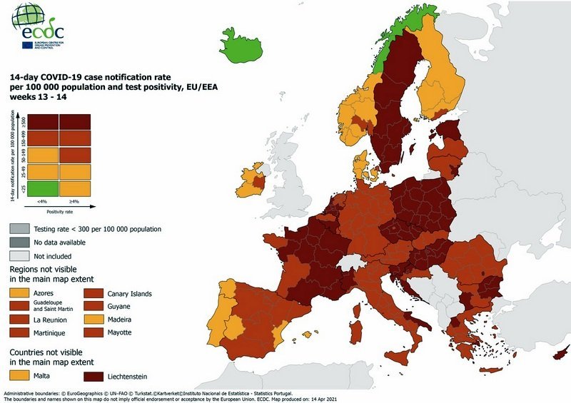 COVID-19: Ísland grænt á ný, eitt Evrópuríkja - myndSóttvarnastofnun Evrópu (ECDC)