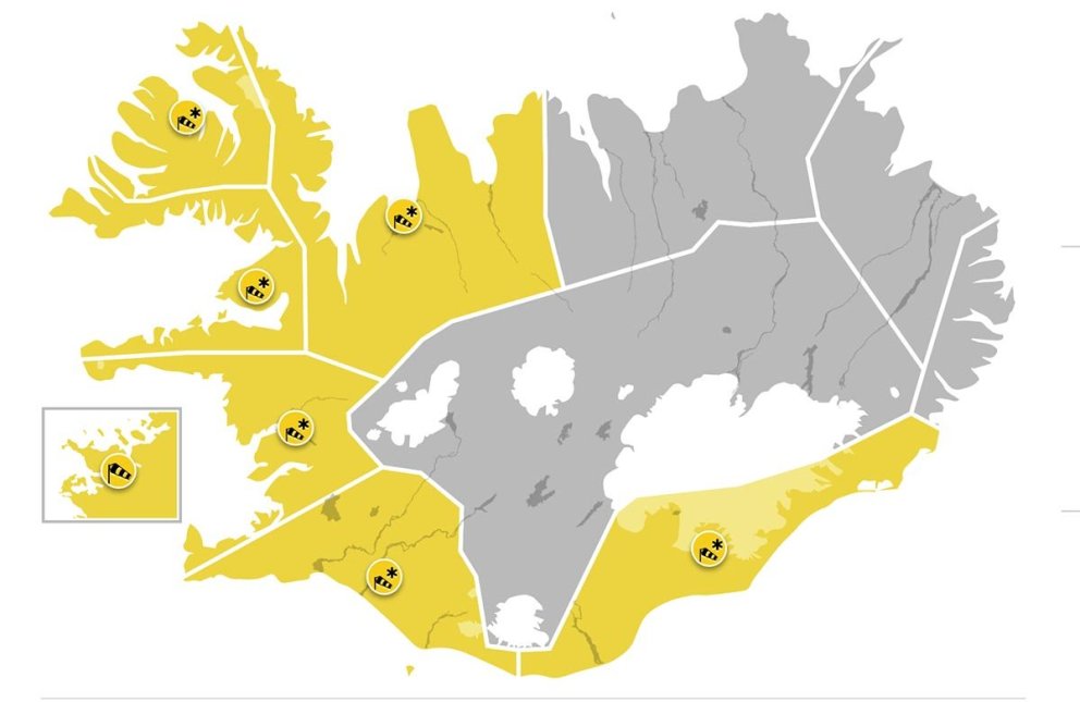 Gul viðvorun fyrir næsta sólarhring. SKJÁSKOT AF VEÐUR.IS