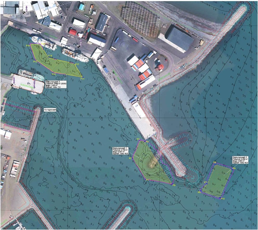 Grænu svæðin eru þau svæði þar sem dýpkað verður. MYND AÐSEND