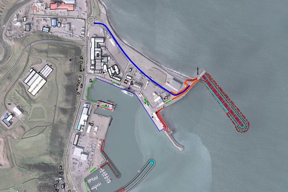 Teikning af hafnarsvæðinu og rauðmerkt er arhafnasvæðið. MYND AF SÍÐU SKAGAFJARÐARHAFNA