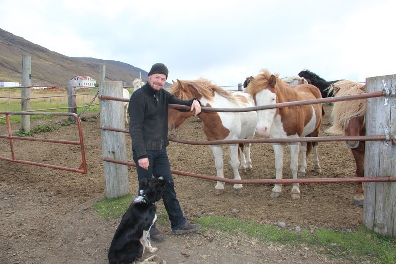 Hestur, hundur og maður. Haukur Suska Garðarsson og bestu vinir mannsins. Mynd: FE.