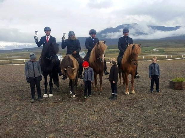 Verðlaunahafar í fimmgangi meistara, Þórarinn Eymundsson, Magnús Bragi Magnússon, Bjarni Jónasson, Vignir Sigurðsson og Mette Mannseth. Mynd af Eiðfaxa.is.