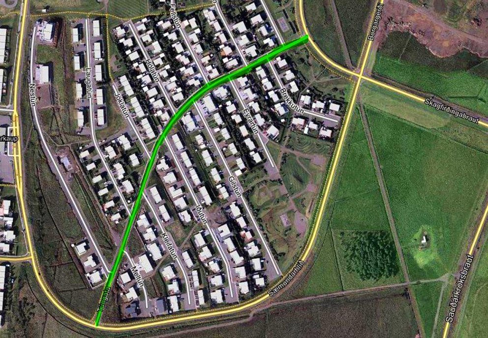 Það er græna gatan sem verður malibikuð. MYND AF SKAGAFÖRÐUR.IS