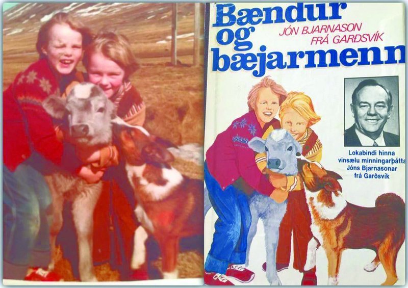 Myndin sem bókarkápan á bók afa Ingu Heiðu er máluð eftir. Inga Heiða er hér (t.h.)ásamt frænku sinni, Sigríði Íris Hallgrímsdóttur, sem einnig er barnabarn Jóns. Þær eru hér í góðum félagsskap með hundinum Sámi og ónafngreindri krúttlegri kvígu. Aðsendar myndir.