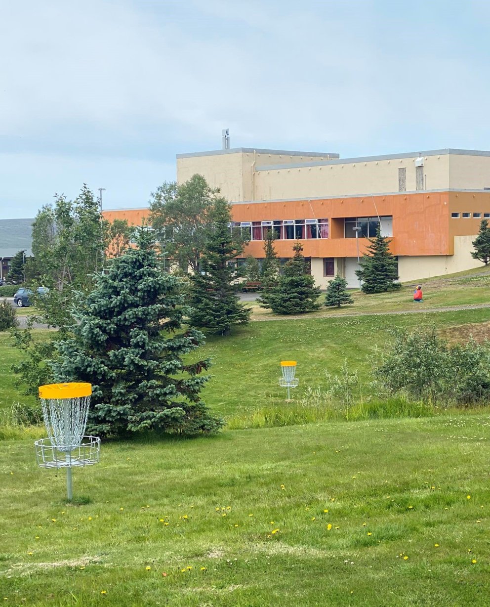 Frisbígolfkörfur við Félagsheimilið á Hvammstanga. Mynd: Hunathing.is