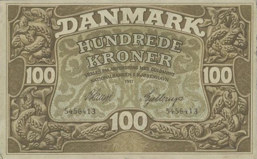 Danskur 100 kall frá því 1917. Ekki veit Feykir hvort um samskonar seðil er að ræða og falsaður var á Króknum 1914. MYND AF NETINU