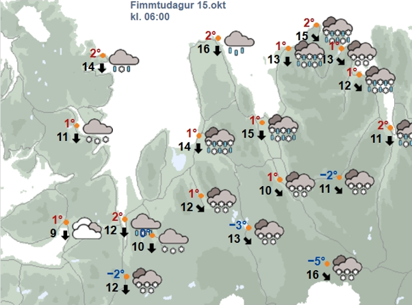 Spákort kl:6 á fimmtudaginn. Mynd: vedur.is
