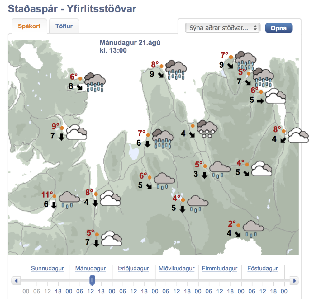 Skjáskot af veðurspá morgundagsins. Það er ósennilegt að þetta gangi eftir.