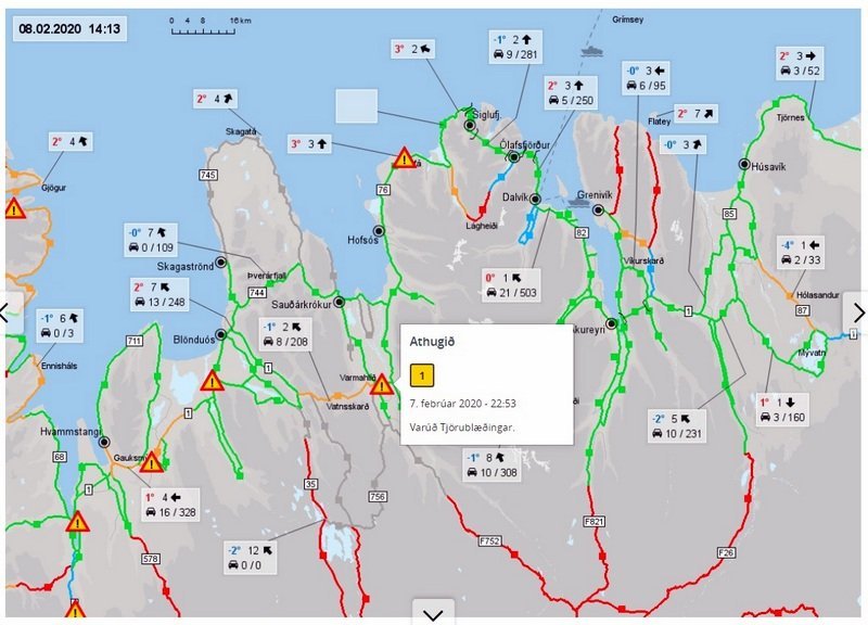 Skjáskot af vef Vegagerðarinnar. Hættumerkin á þjóðvegi 1 tákna tjörublæðingu. Mynd: vegagerdin.is