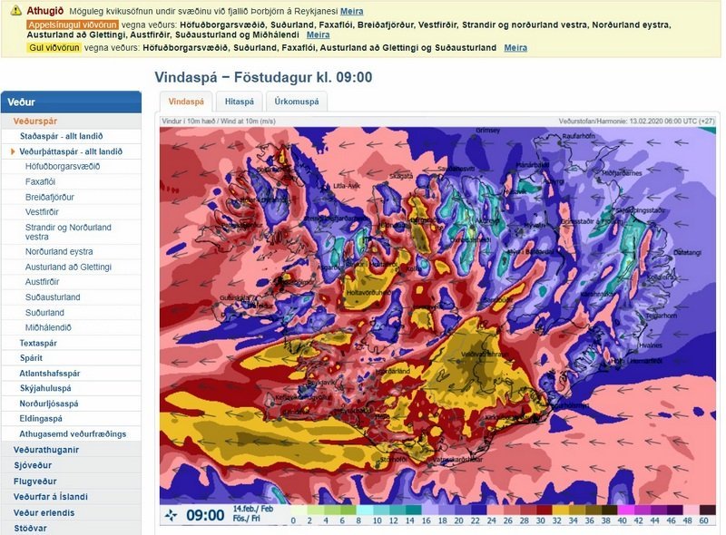 Skjáskot af Veðurstofunnar. Vindaspá klukkan 9 í fyrramálið.