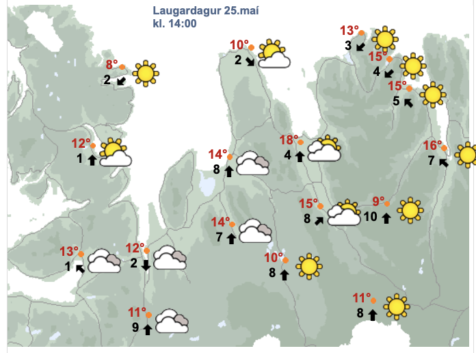 Veðurspáin fyrir laugardaginn eins og hún var um kl. 15 í dag – fimmtudaginn 23. maí 2024. SKJÁSKOT