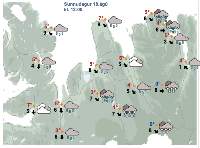 Svona er spáin fyrir sunnudaginn en þá er gert ráð fyrir snjókomu á Öxnadalsheiði um hádegi. SKJÁSKOT AF VEÐUR.IS