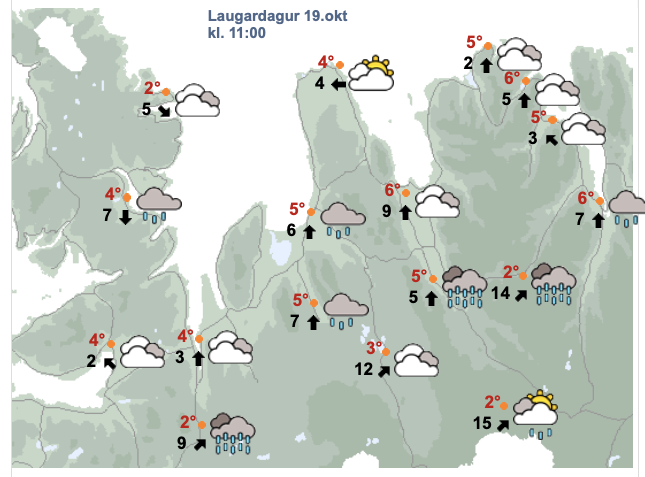 Veðurspá Veðurstofunnar kl. 12 á hádegi á morgun, laugardag. SKJÁSKOT