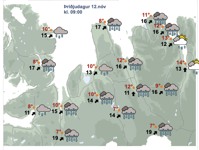 Svona er Spáin kl. 9 í fyrramálið. SKJÁSKOT AF VEF VEÐURSTOFUNNAR