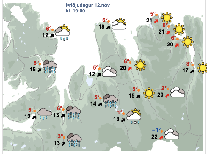 Skjáskot af spánni kl. 19 í kvöld. VEÐURSTOFAN