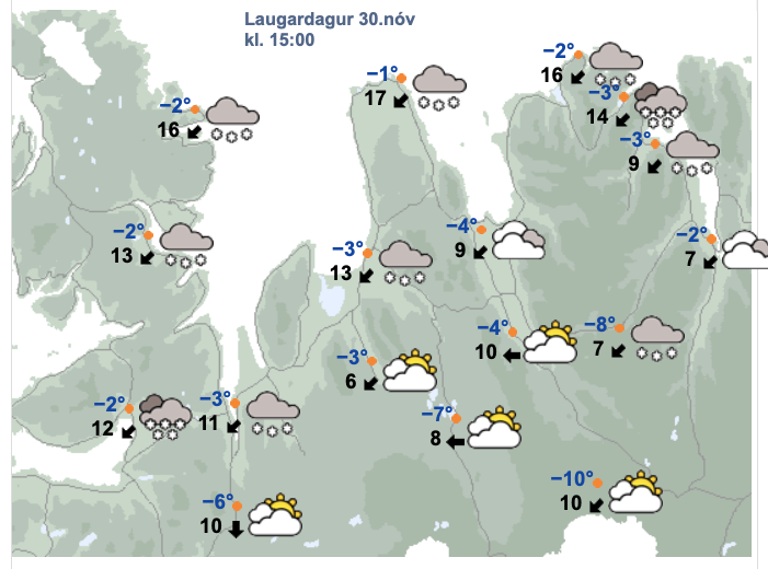 Hér sést spá Veðurstofunnar fyrir kl. 15:00 á morgun, laugardaginn 30. nóvember. SKJÁSKOT