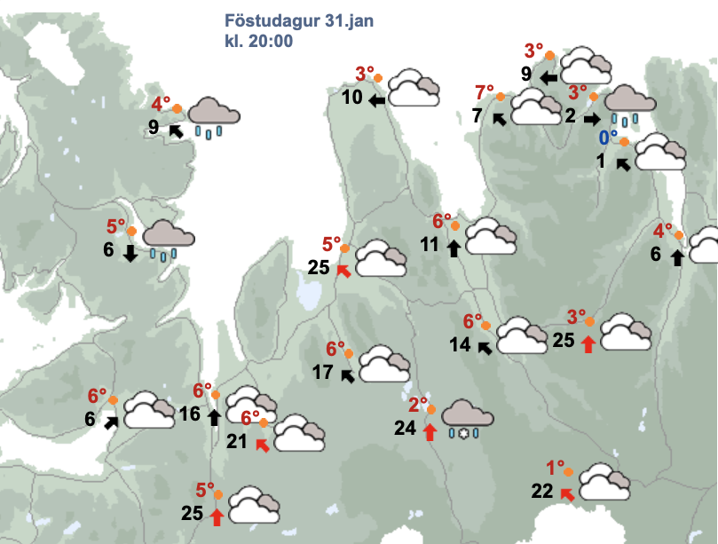 Veðurspáin fyrir Norðurland vestra kl. 20 í kvöld. SKJÁSKOT