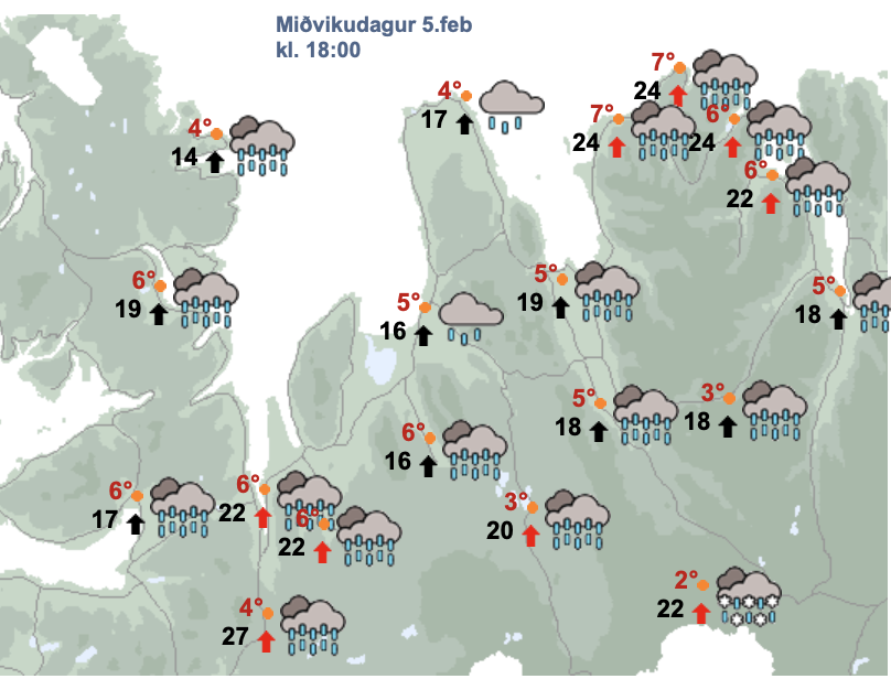 Svona er spáin fyrir Norðurland vestra og Strandir kl. 18 í dag. SKJÁSKOT AF VEÐUR.IS
