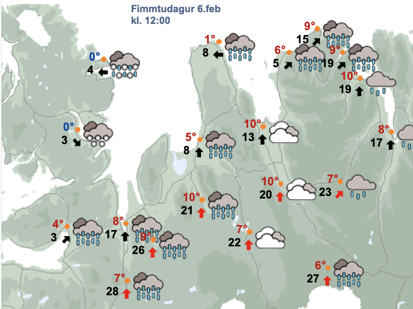 Veðrið um hádegi í dag samkvæmt spá Veðurstofunnar. SKJÁSKOT