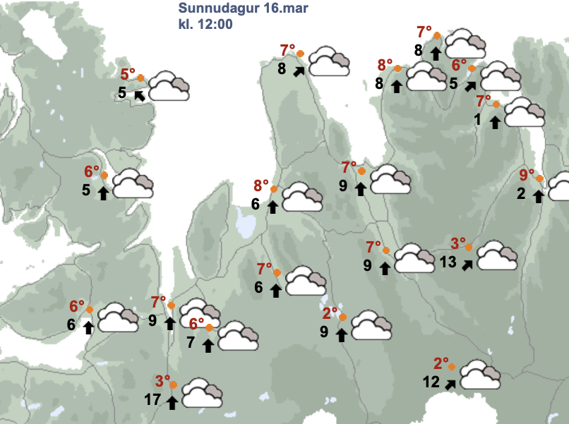 Veðurspáin fyrir hádegi á morgun, sunnudaginn 15. mars. SKJÁSKOT