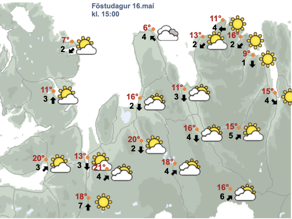 Kort Veðurstofu Íslands af veðrinu á Ströndum og Norðurlandi vestra klukkan 15 í dag.