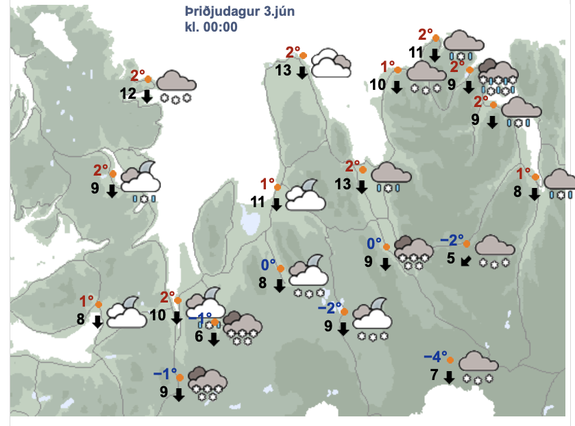 Svona er spákortin á miðnætti aðfaranótt þriðjudags. SKJÁSKOT AF VEÐUR.IS