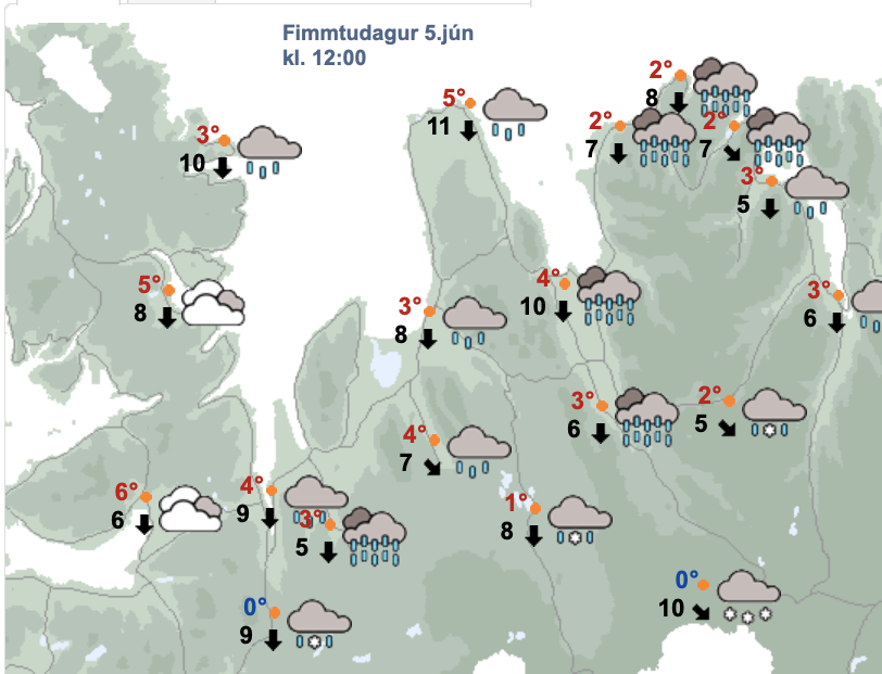 Svona er spáin fyrir hádegið í dag. Það eru einhverjar sólir á spákortinu fyrir hádegið á morgun. SKJÁSKOT AF VEÐUR.IS