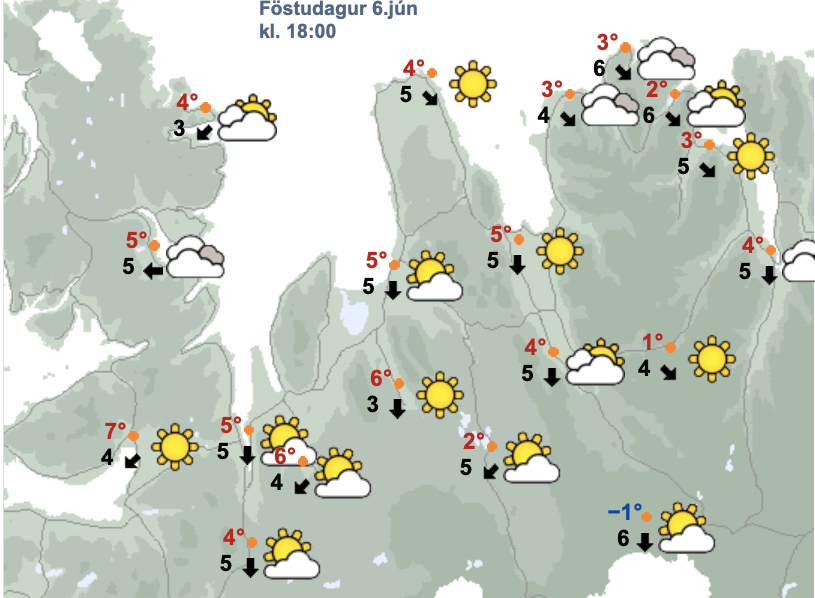 Spáin kl. 18 í dag en þá hefst einmitt leikur Tindastóls og Vals í Bestu deild kvenna á Króknum. SKJÁSKOT AF VEÐUR.IS