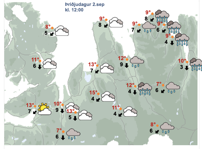Svona lítur veðurspáin út fyrir hádegið í dag. SKJÁSKOT AF VEÐUR.IS