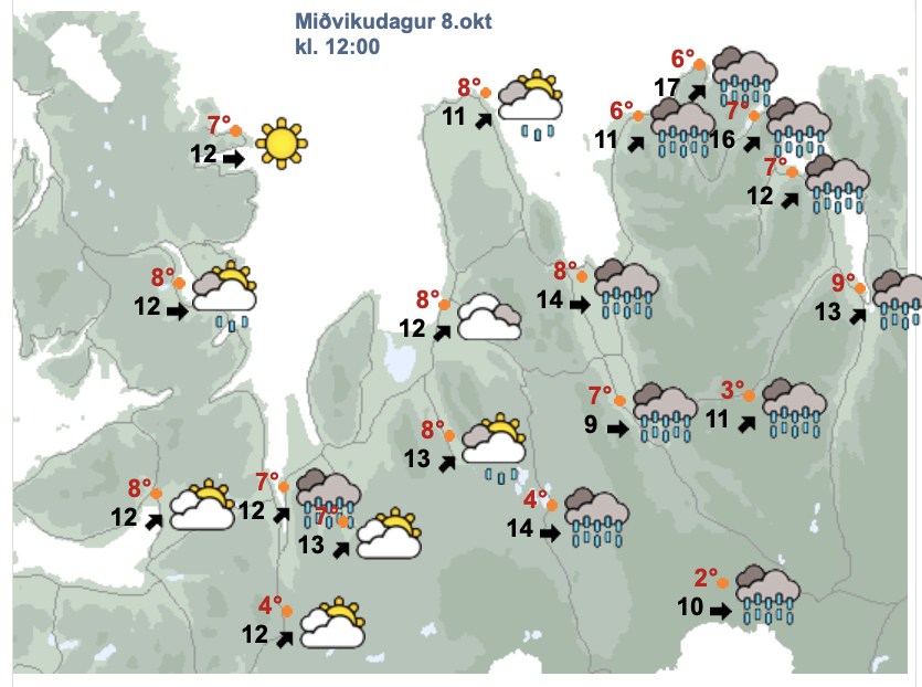Svona reiknar Veðurstofan með að veðrið verði um hádegi í dag á okkar svæði. SKJÁSKOT AF VEÐUR.IS