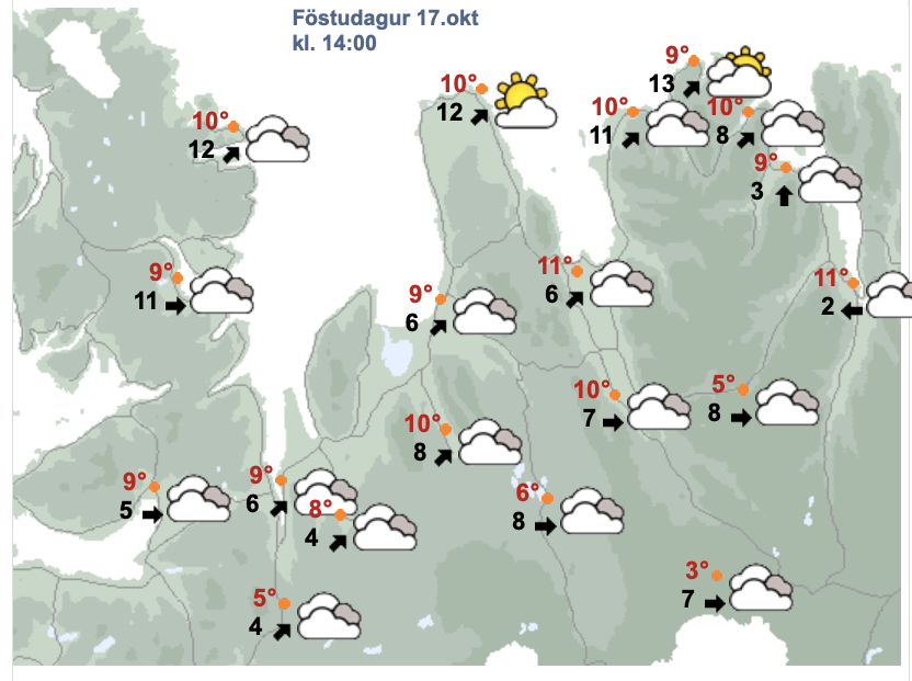 Svona gerir Veðurstifa Íslands ráð fyrir að veðrið verði klukkan tvö í dag. SKJÁSKOT