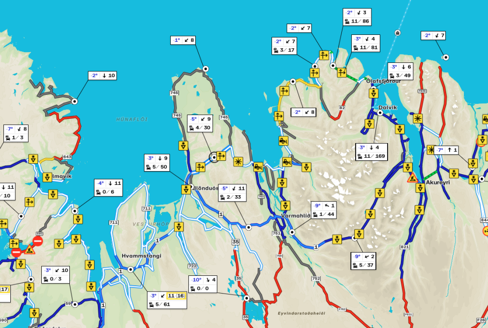 Skjáskot af umferðarsíðu Vegagerðarinnar upp úr 8:30 í morgun.